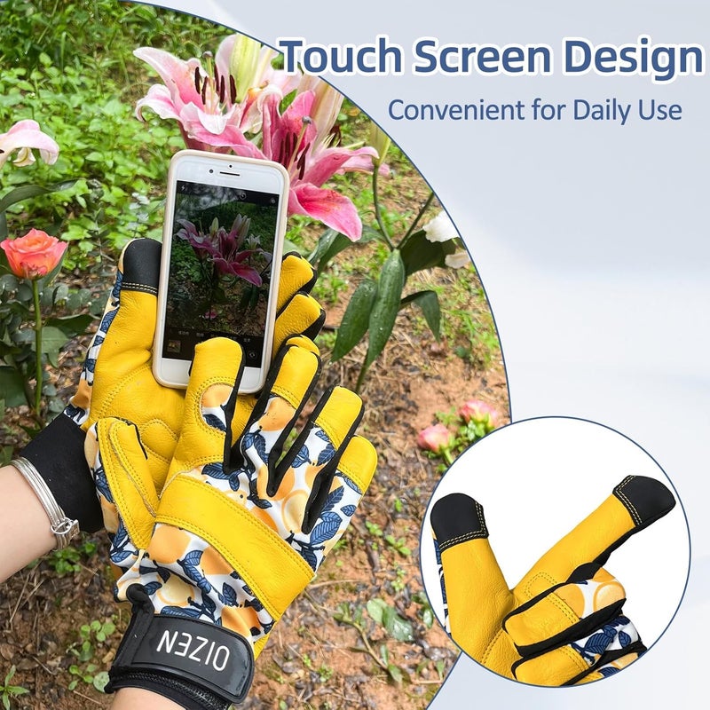 OIZEN Cowhide Leather Thorn Proof & Puncture Resistant Gardening Gloves for Women and Men, Touchscreen Compatible Working Gloves for Weeding, Digging, Planting, Gardening Gifts for Women, Size Medium - Image 3